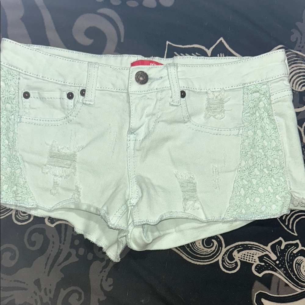 BONGO Green Jean Shorts with Lace Detail